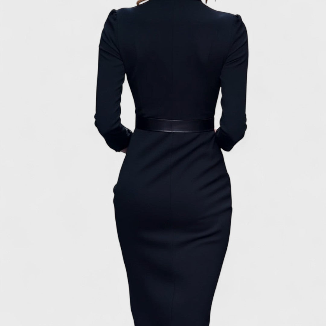 Zuzana | Elegantní černé šaty s páskem a límcem