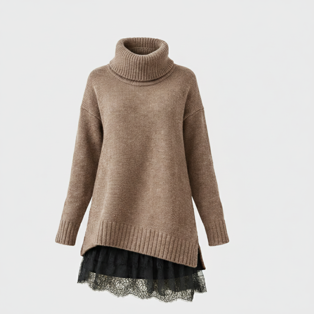 Julie | Luxusní pletené šaty s vysokým límcem a krajkovým detailem
