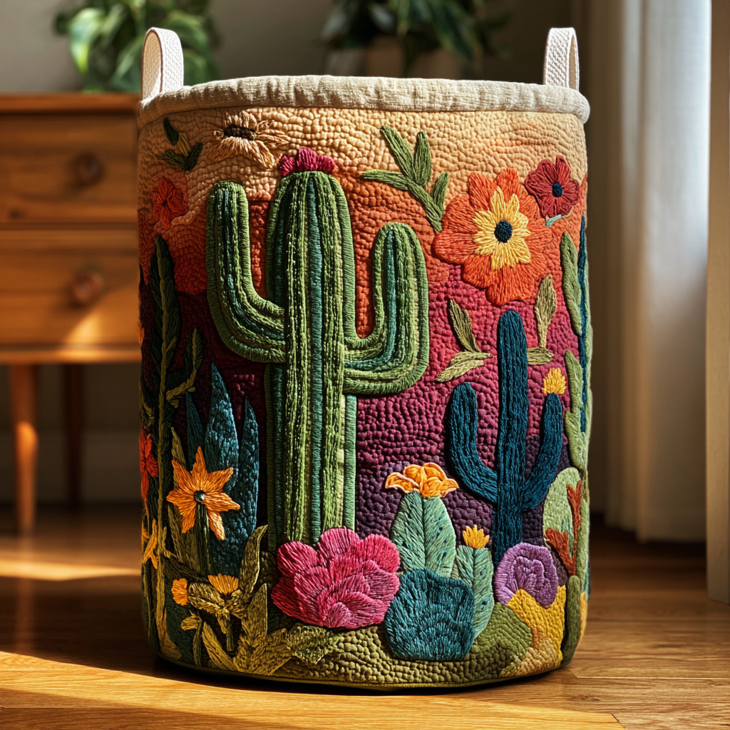Prošívaný koš na prádlo – Horizonte de Cactus (s uchy)