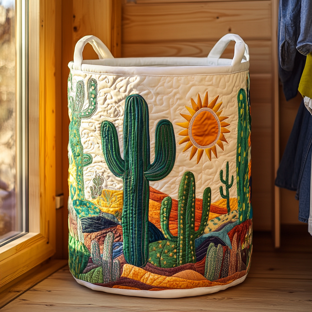 Prošívaný koš na prádlo – Paisaje de Cactus (s uchy)