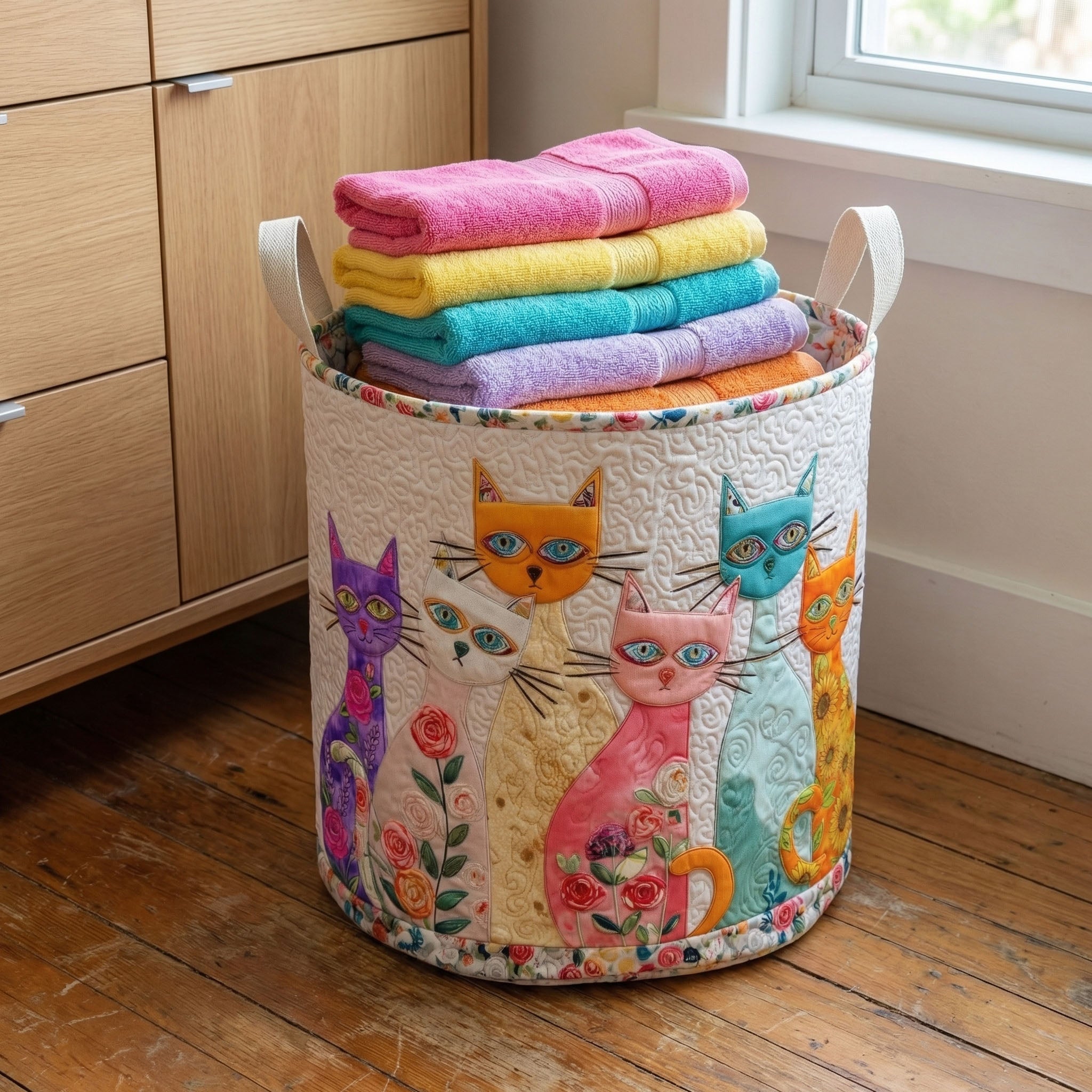 Prošívaný koš na prádlo – Alegre Grupo de Kočky (s uchy)