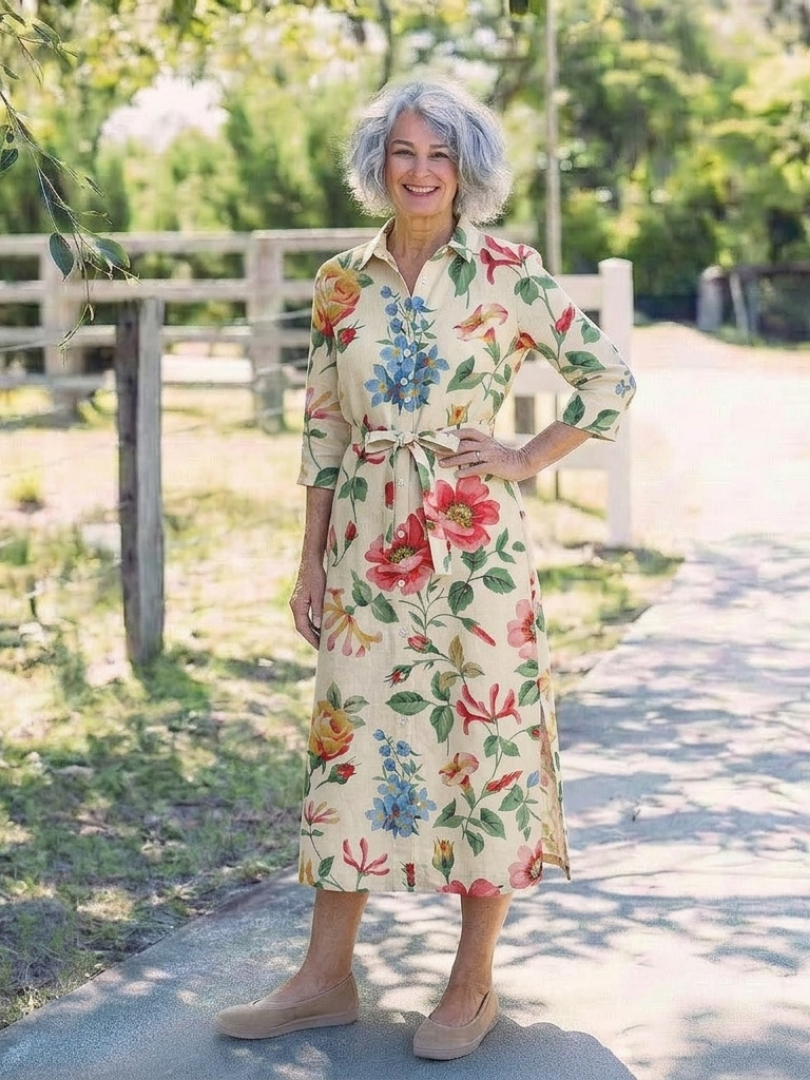 Paulina | Midi šaty s květinami a krátkými rukávy s knoflíky