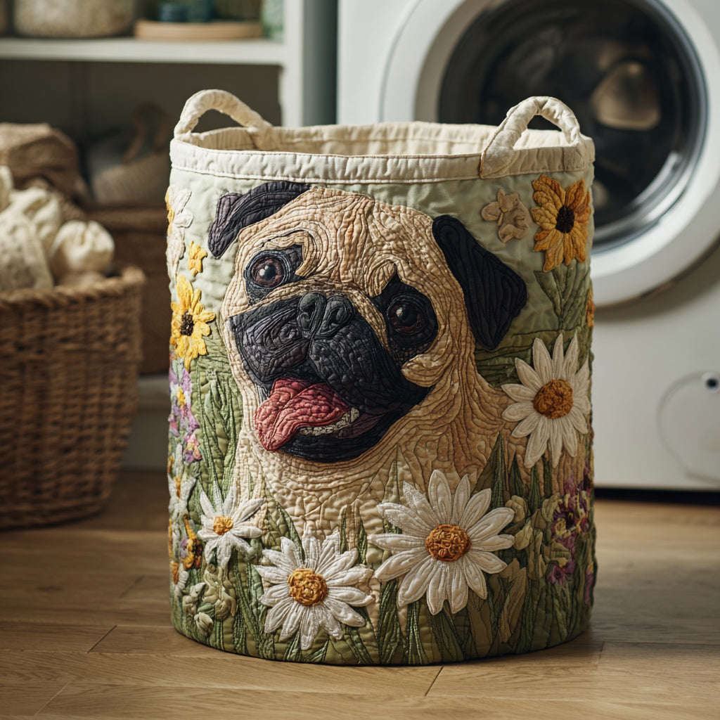 Prošívaný koš na prádlo – Pug entre Margaritas (s uchy)