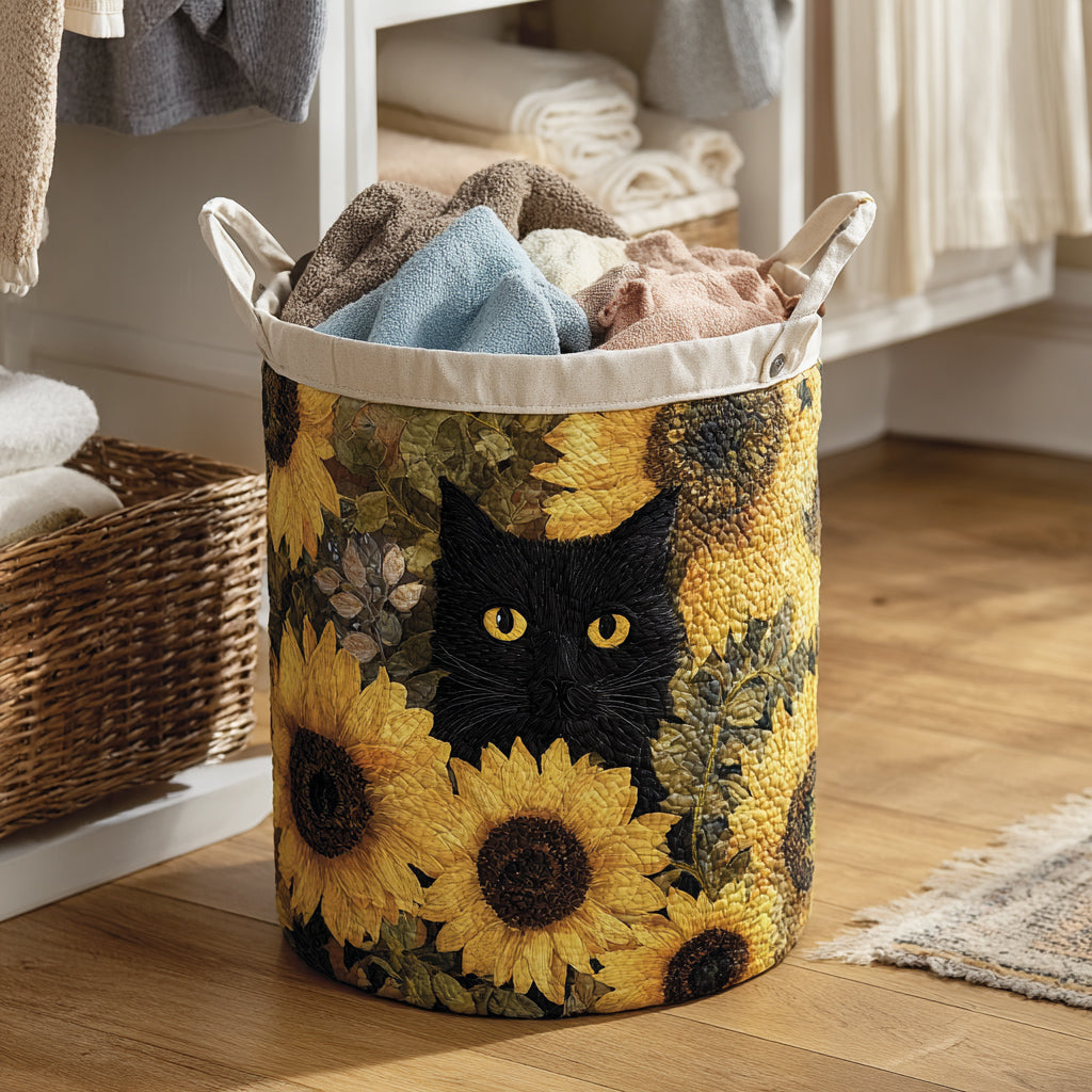 Prošívaný koš na prádlo – Gato Negro y Slunečnice (s uchy)